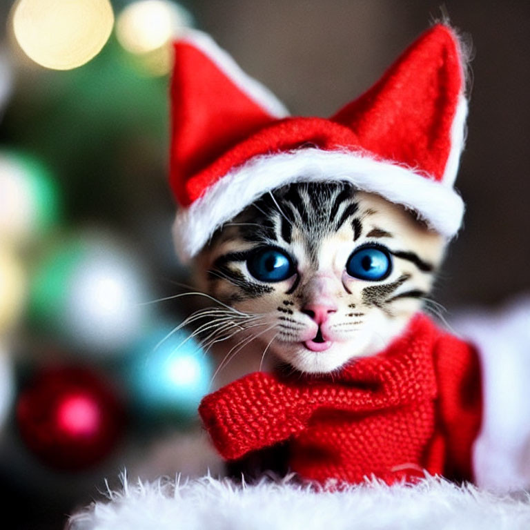 Blue-eyed cat in Santa hat and sweater against festive backdrop