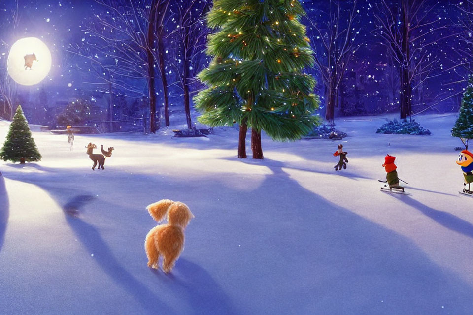 Children ice-skating in a winter scene with a dog, tree, and glowing moon