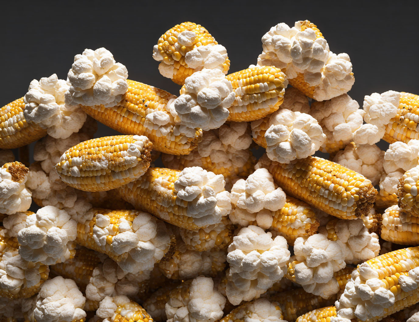Partially Popped Corn Cobs on Dark Background