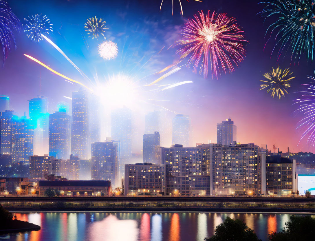 Colorful fireworks display over city skyline and water at night