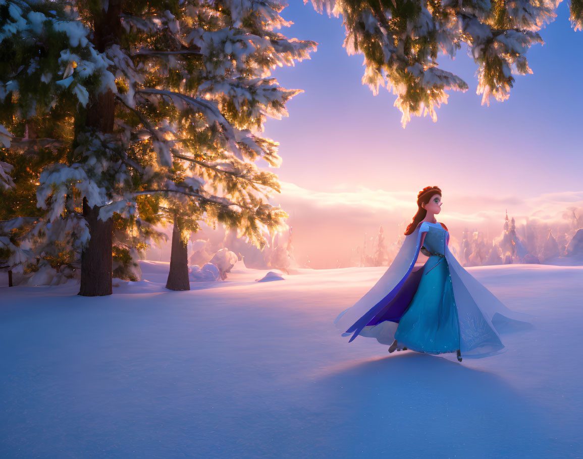 Stylized animated character in blue dress in snow-covered landscape at sunset