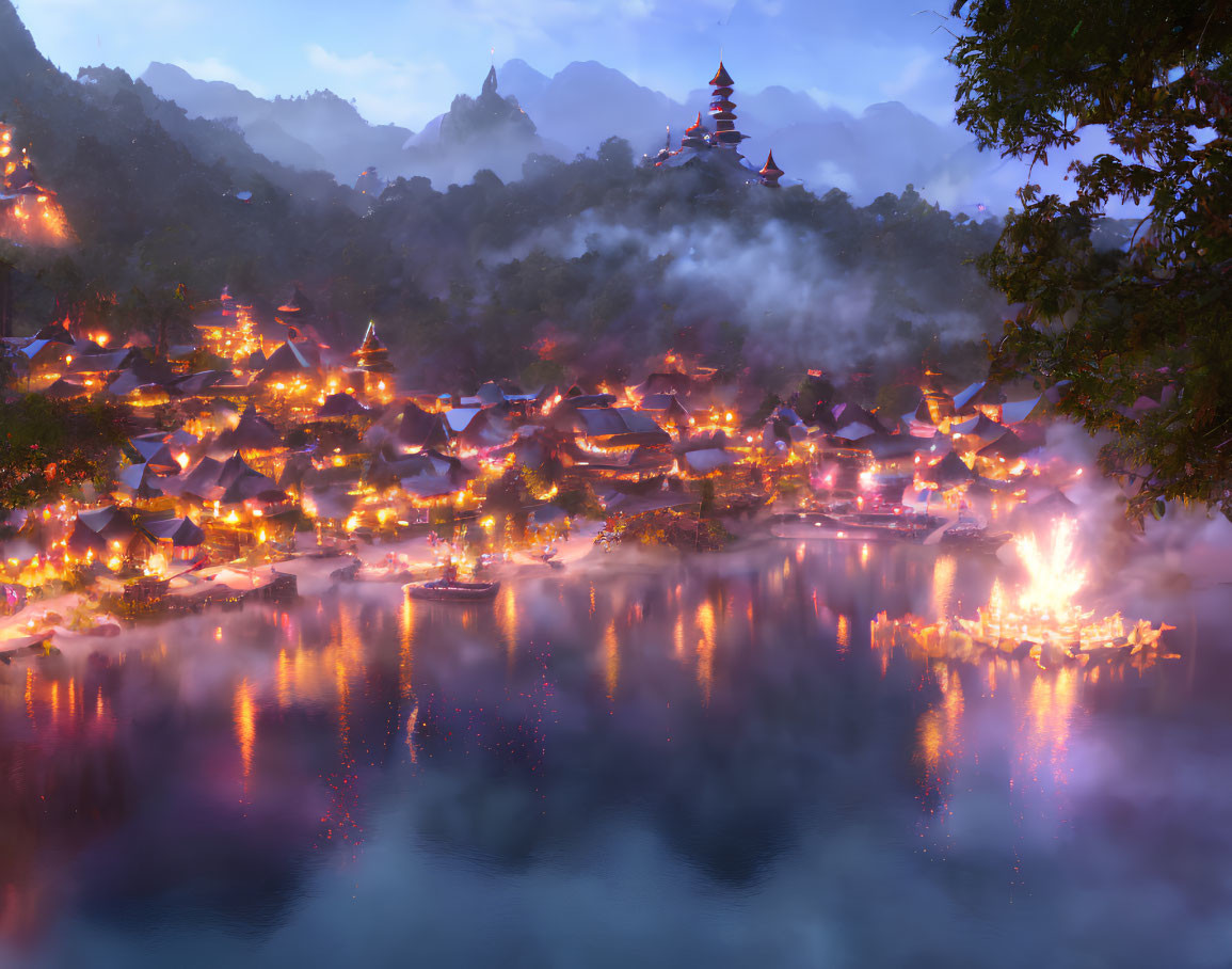 Mystical twilight village with traditional houses, lanterns, lake, pagoda, and foggy