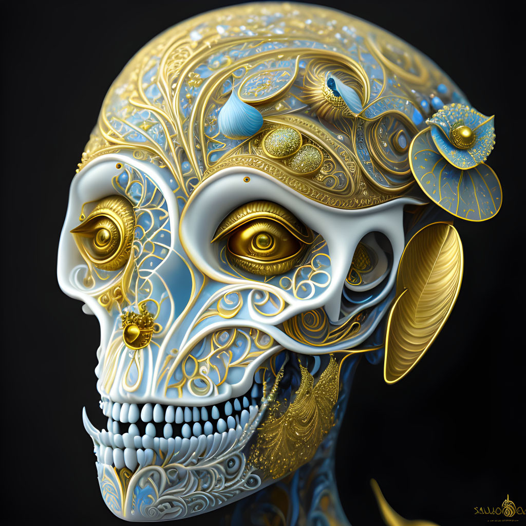 Skull digital artwork with gold and blue ornate patterns