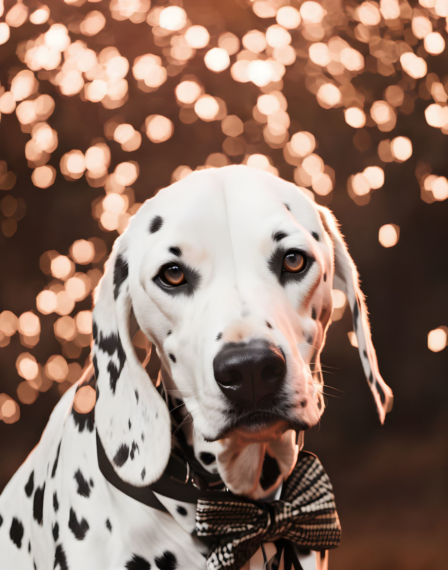 Dalmatian with bow tie on bokeh light background