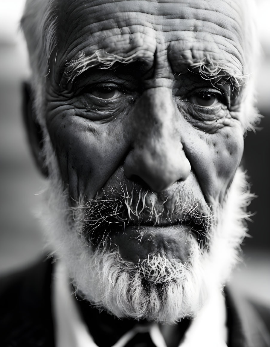 Elderly man with deep wrinkles and white beard portrait.