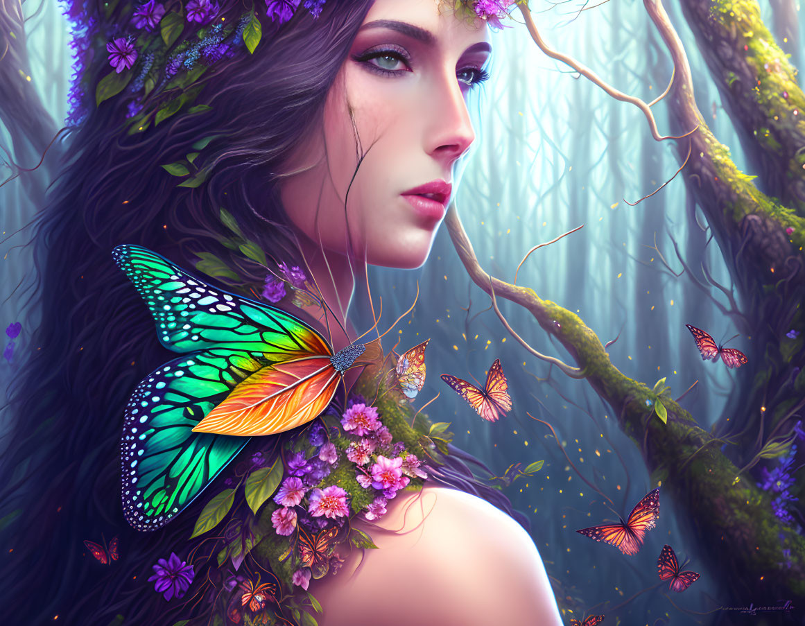 Digital artwork of woman with flowers and butterflies in mystical forest