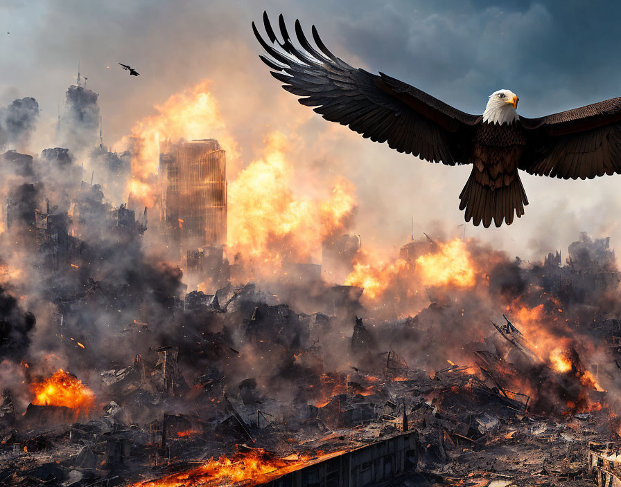 Eagle flying over burning cityscape with infernos and smoke