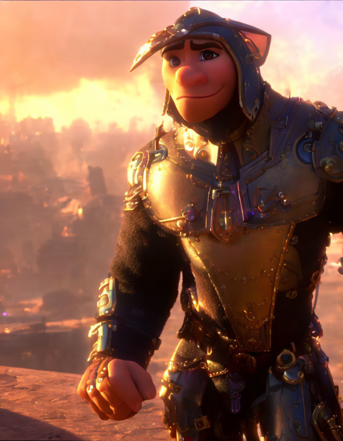 Ornate armor 3D animated character with soft smile in warm backdrop