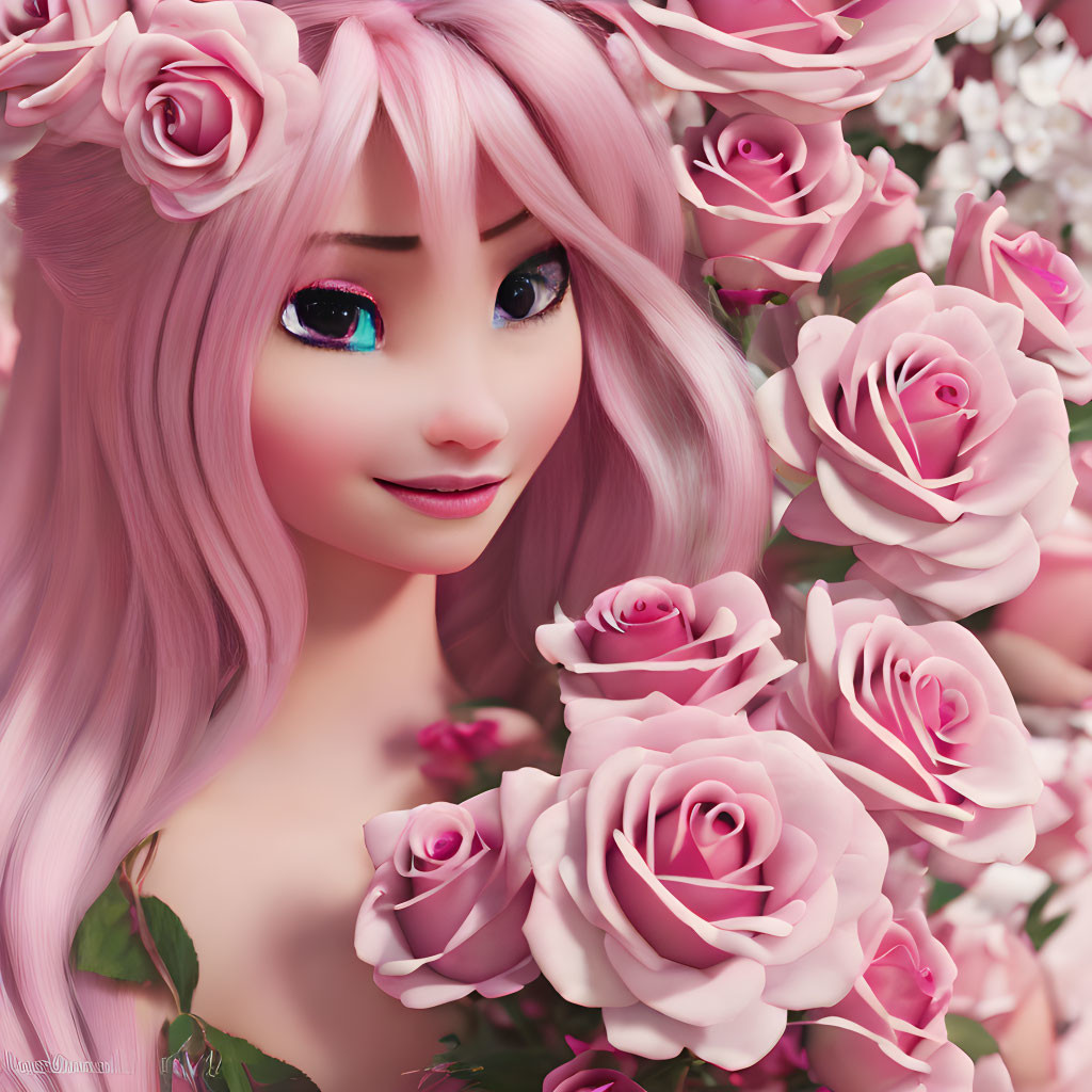 Pink-haired 3D animated character with roses and flowers, smiling with blue eyes