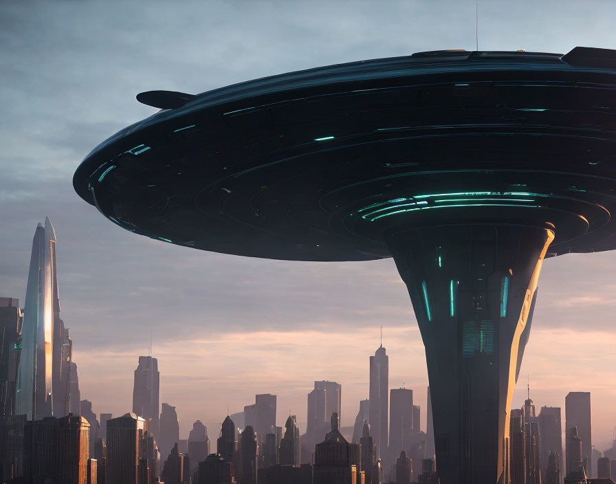 Futuristic cityscape with hovering saucer-shaped structure