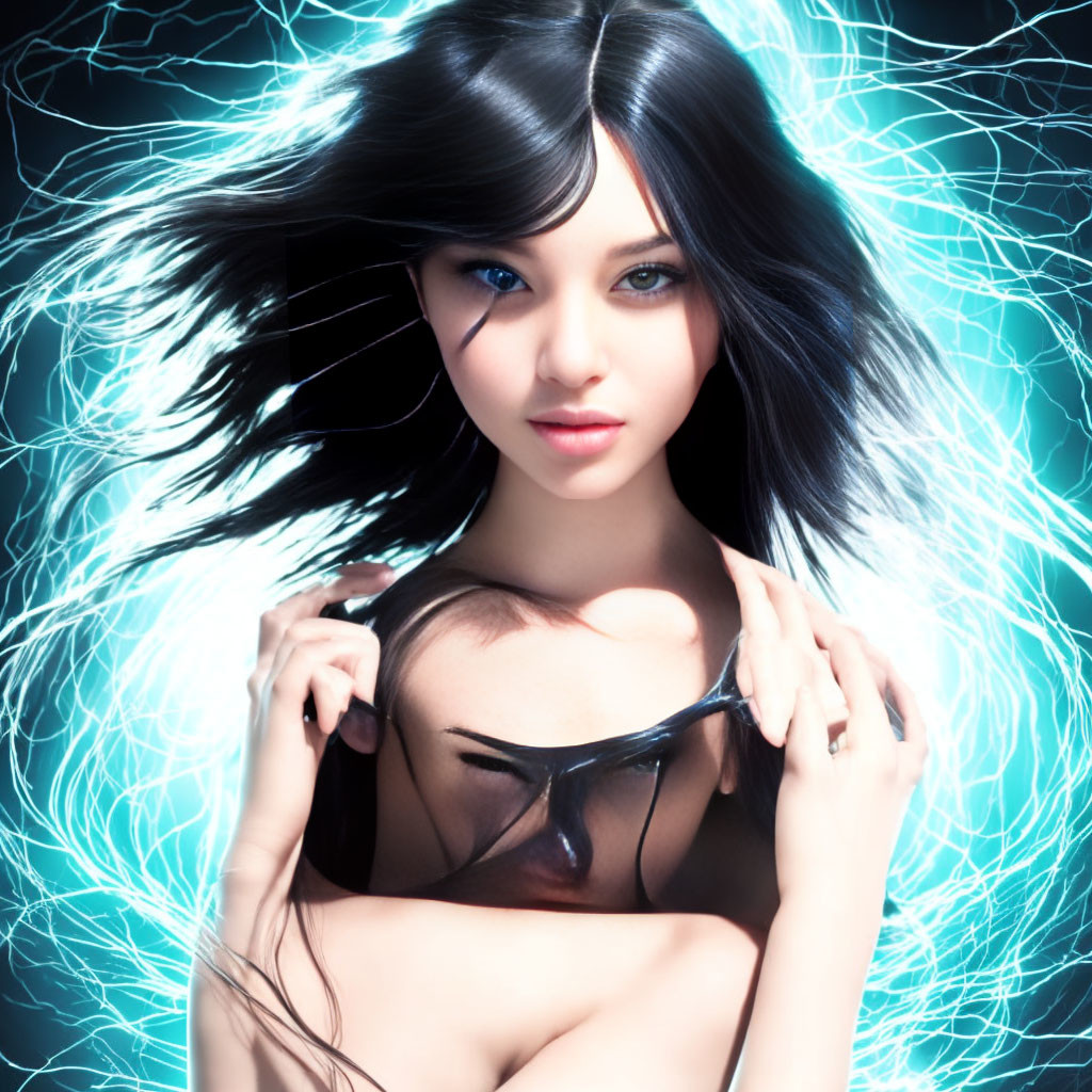 Woman with Blue Eyes and Black Hair in Dynamic Lightning Effects