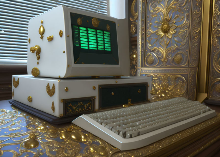 Vintage-style Gold and White Computer on Intricate Golden Desk