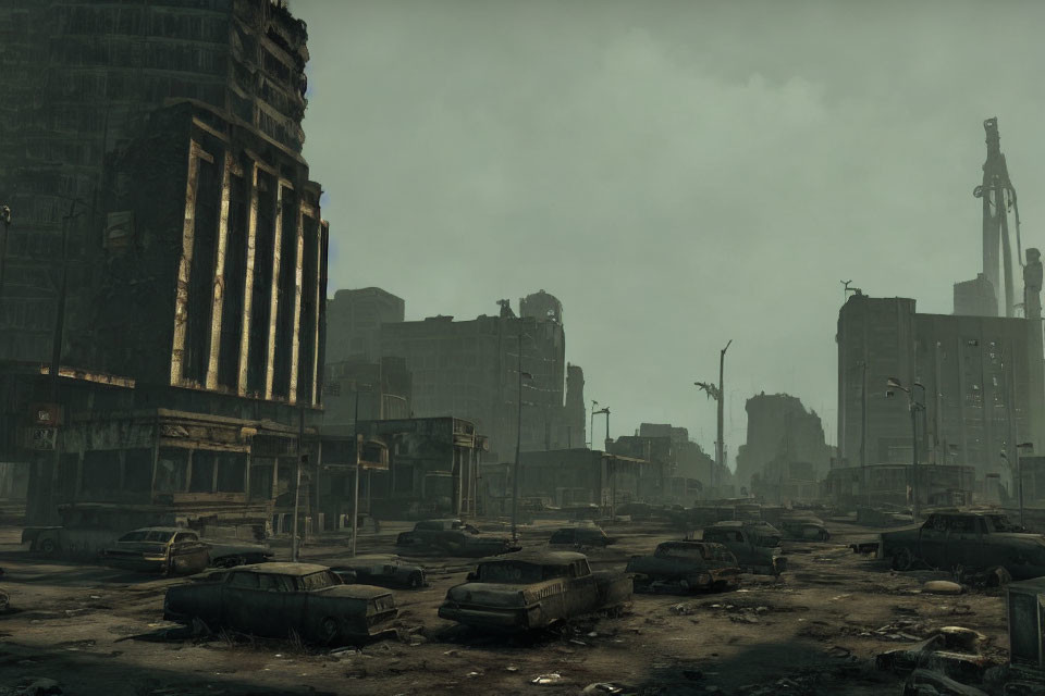 Derelict buildings and abandoned cars in dystopian cityscape