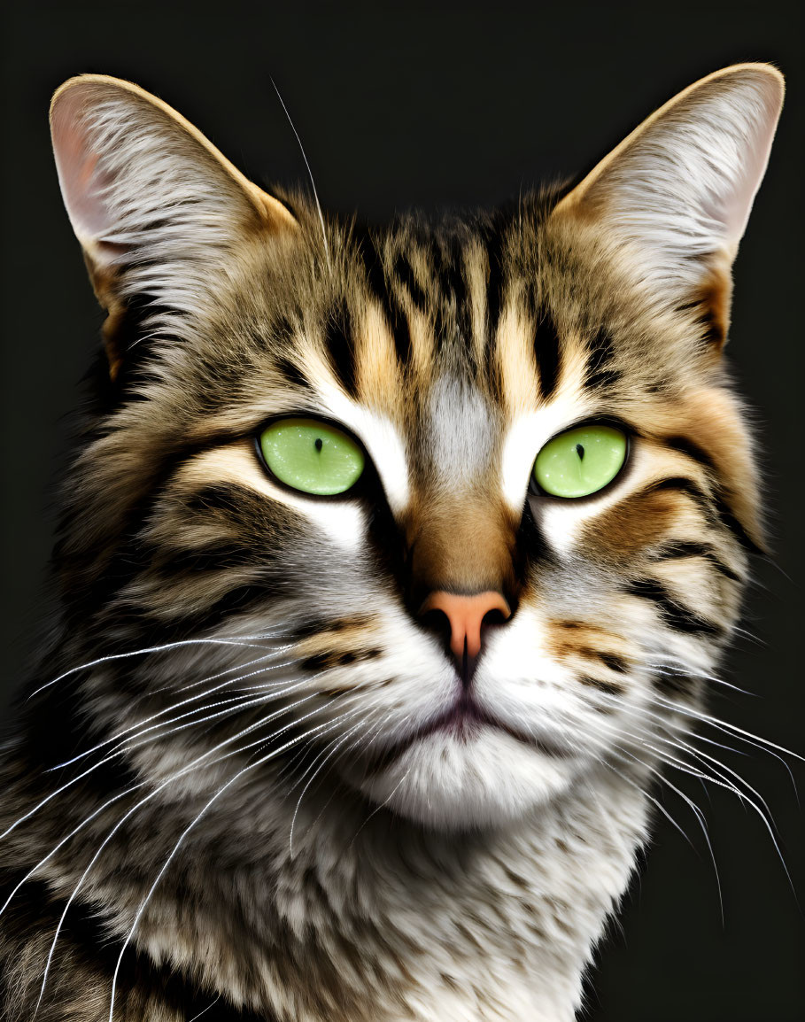 Brown and Black Striped Cat with Green Eyes in Close-up Shot