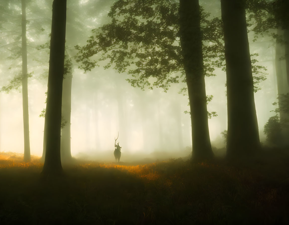 Tranquil forest scene with deer in golden sunlight