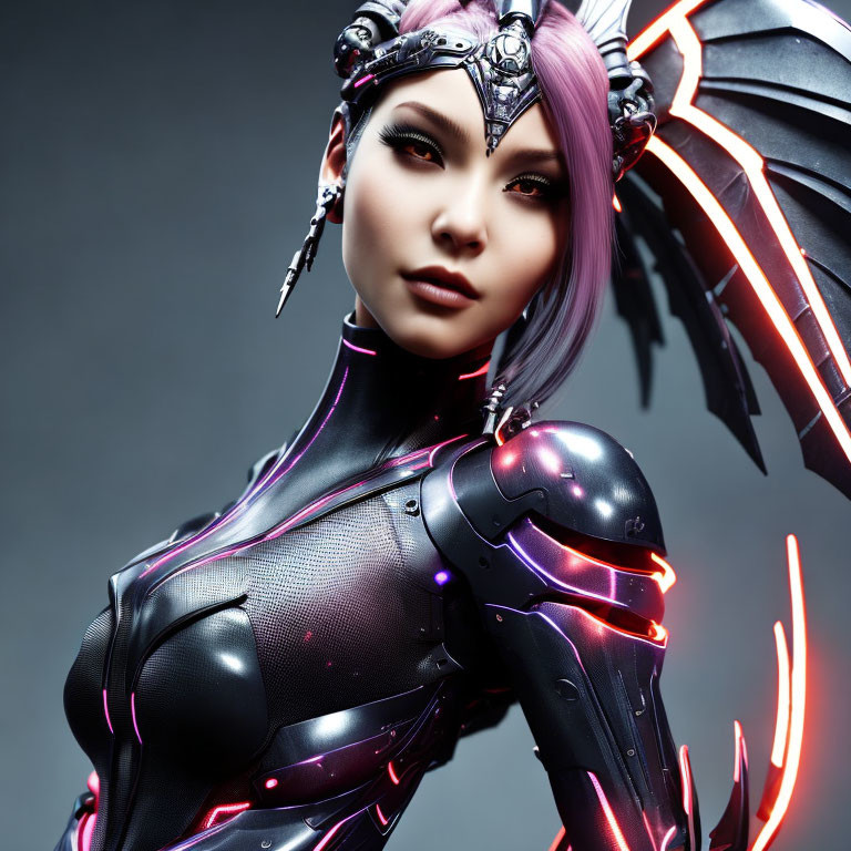 Purple-haired female character in futuristic black armor with red accents on grey background