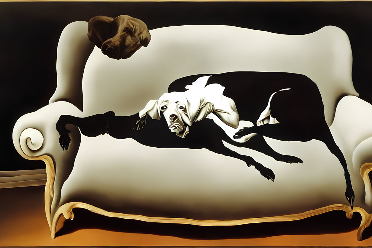 Stylized black and white dog painting on classic sofa with floating smaller dog