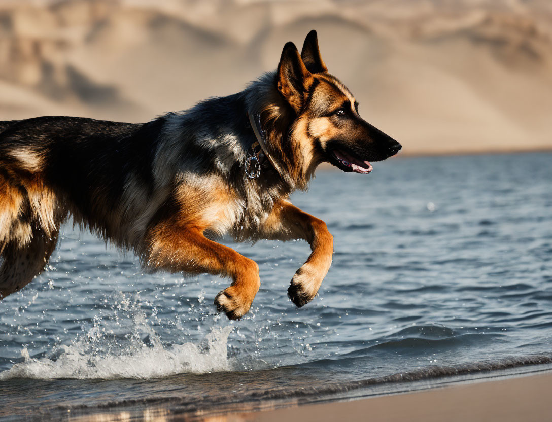 German Shepherd Running on Beach with Sand Dunes