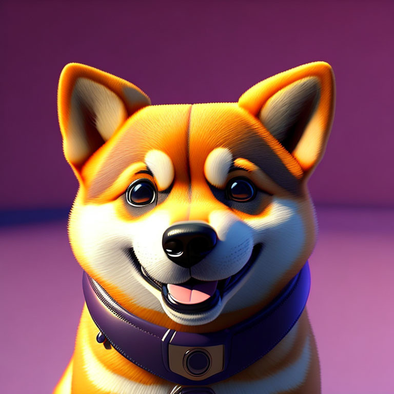 Smiling Cartoon Shiba Inu with Blue Collar on Purple Background