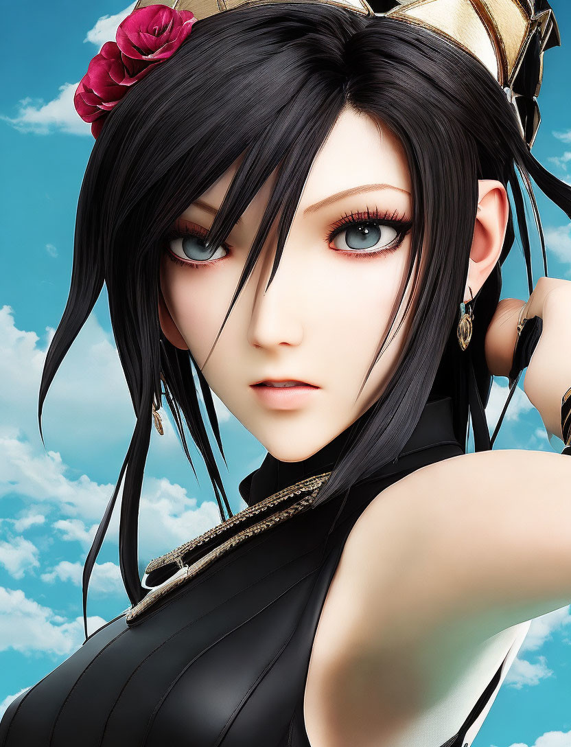 Detailed close-up of female anime character with expressive eyes, black hair, red flower, black outfit.