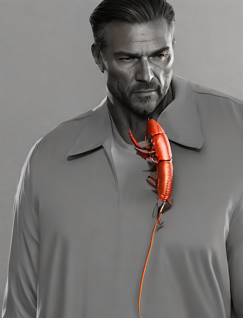 Digital artwork of a man with beard and slicked-back hair, wearing gray shirt with lobster on shoulder