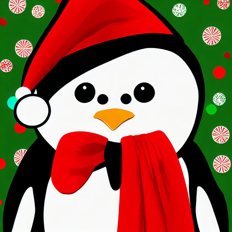 Cute Penguin Cartoon in Santa Hat with Red Scarf on Green Background