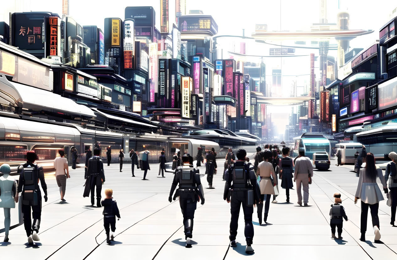 Futuristic cityscape with skyscrapers, neon signs, backpacked people, and sleek vehicles