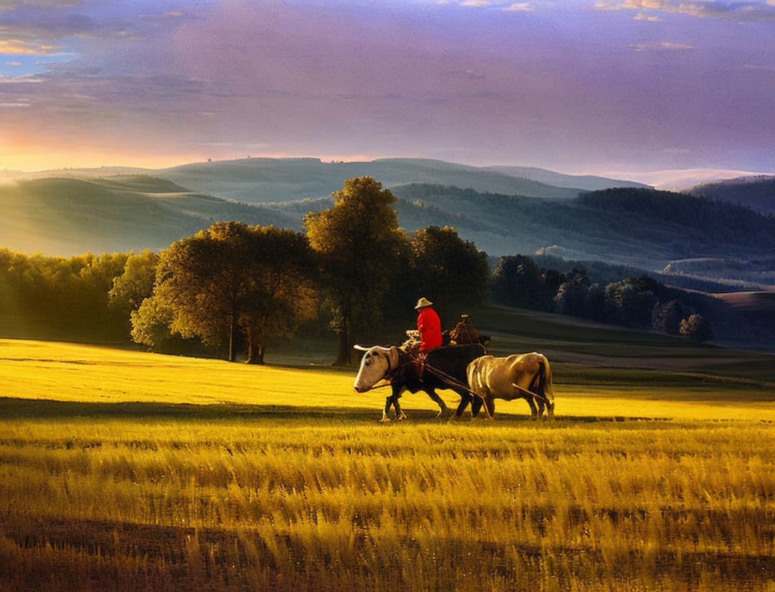 Golden field sunset: Two people on horseback in scenic landscape