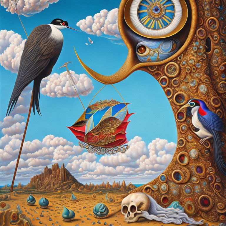 Surreal painting: birds, ship, tree, skull, desert landscape
