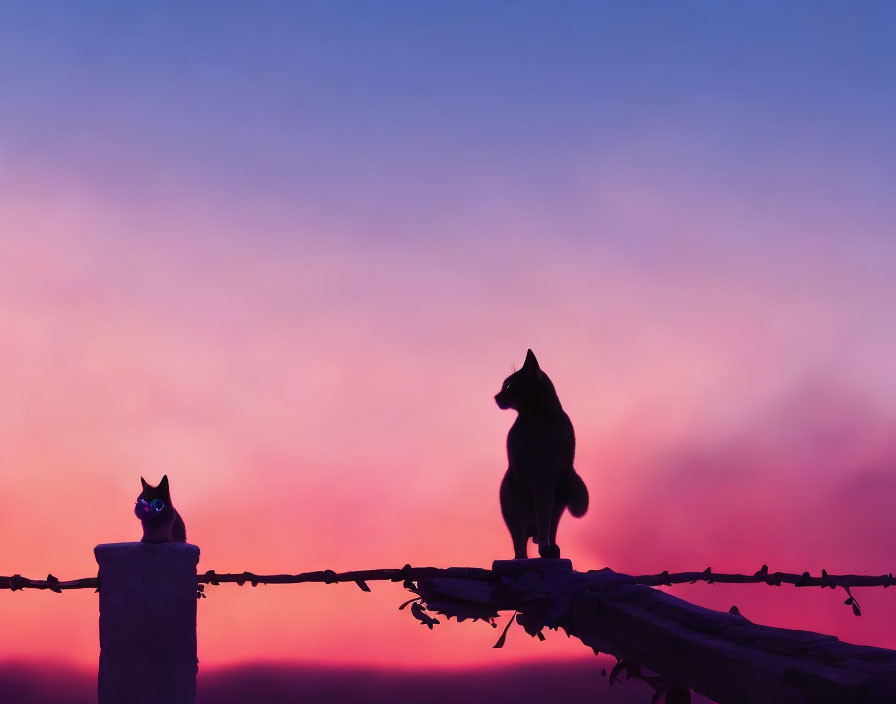 Silhouetted cats on fence under purple and pink sunset sky