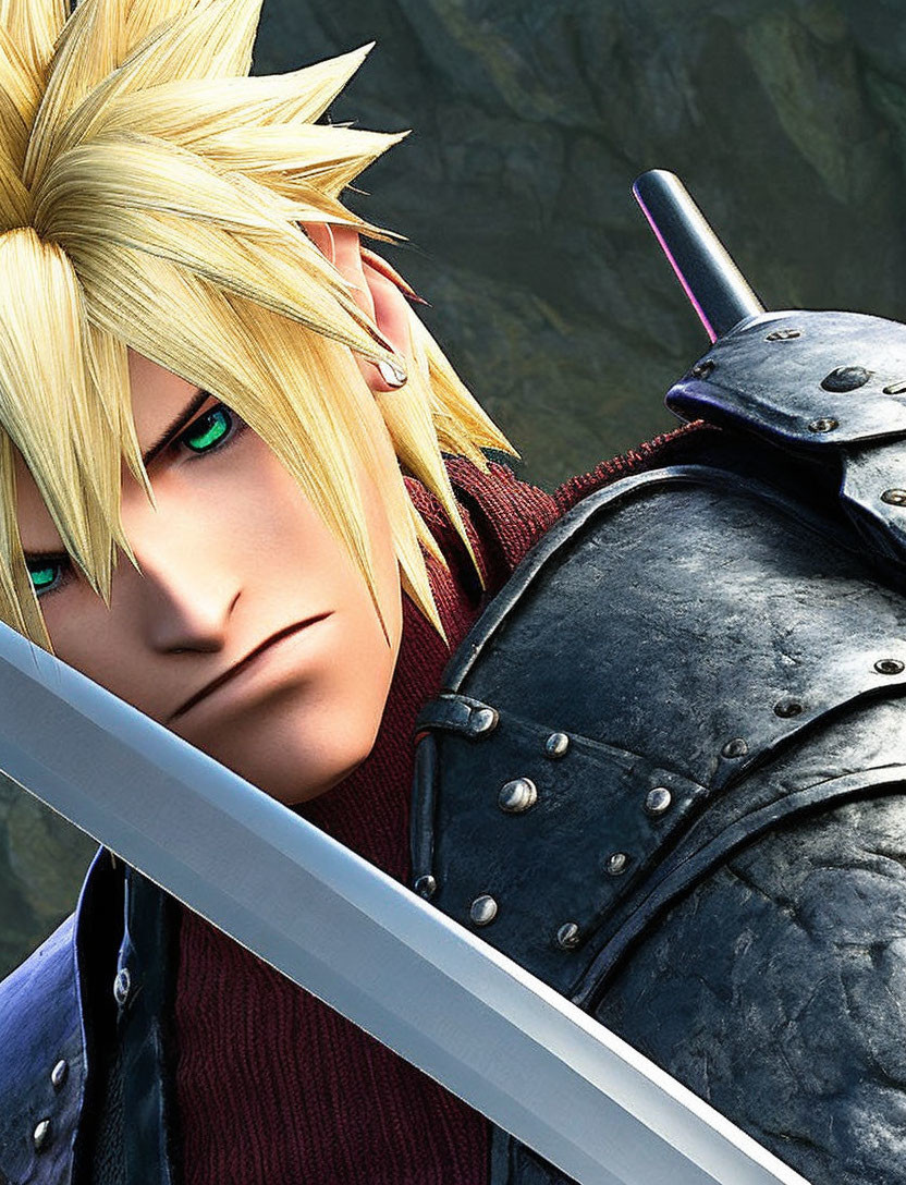 Male animated character with spiky blonde hair and large sword in close-up view