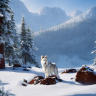 Majestic white wolf in snowy forest with mountains