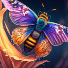 Colorful Butterfly Illustration Perched on Flower with Flying Insect