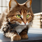 Brown and White 3D Animated Cat with Green Eyes Indoors on Table with Books