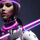 Futuristic female cyborg with purple accents and neon weapon