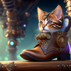 Steampunk-inspired cat with goggles in large brown boot surrounded by gears