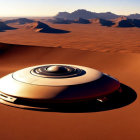 Futuristic spacecraft on desert-like alien planet with dunes and dusky sky