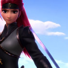 3D animated female warrior with red hair holding a sword on sky backdrop