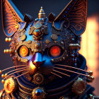 Detailed mechanical cat with glowing orange eyes on blurred backdrop