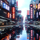 Futuristic cityscape at dusk with neon signs reflected on wet surface