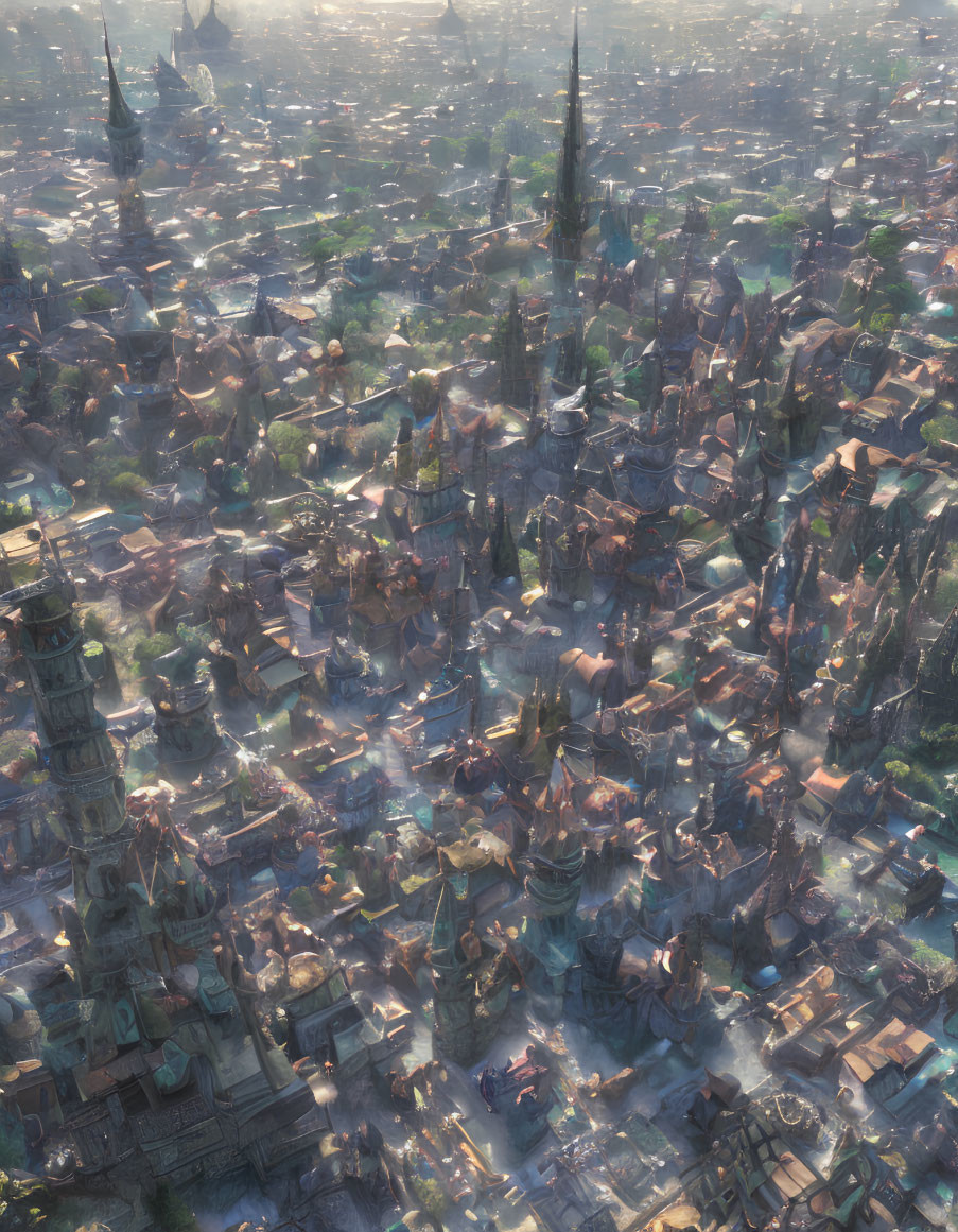 Fantastical cityscape with spires and buildings in warm sunlight