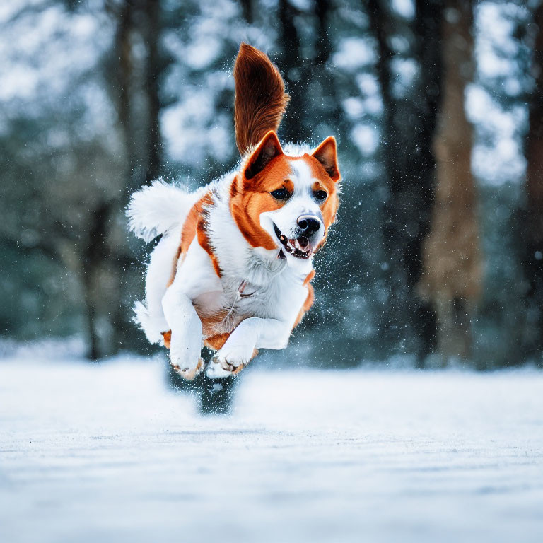 Brown and White Dog Leaping in Snowy Landscape