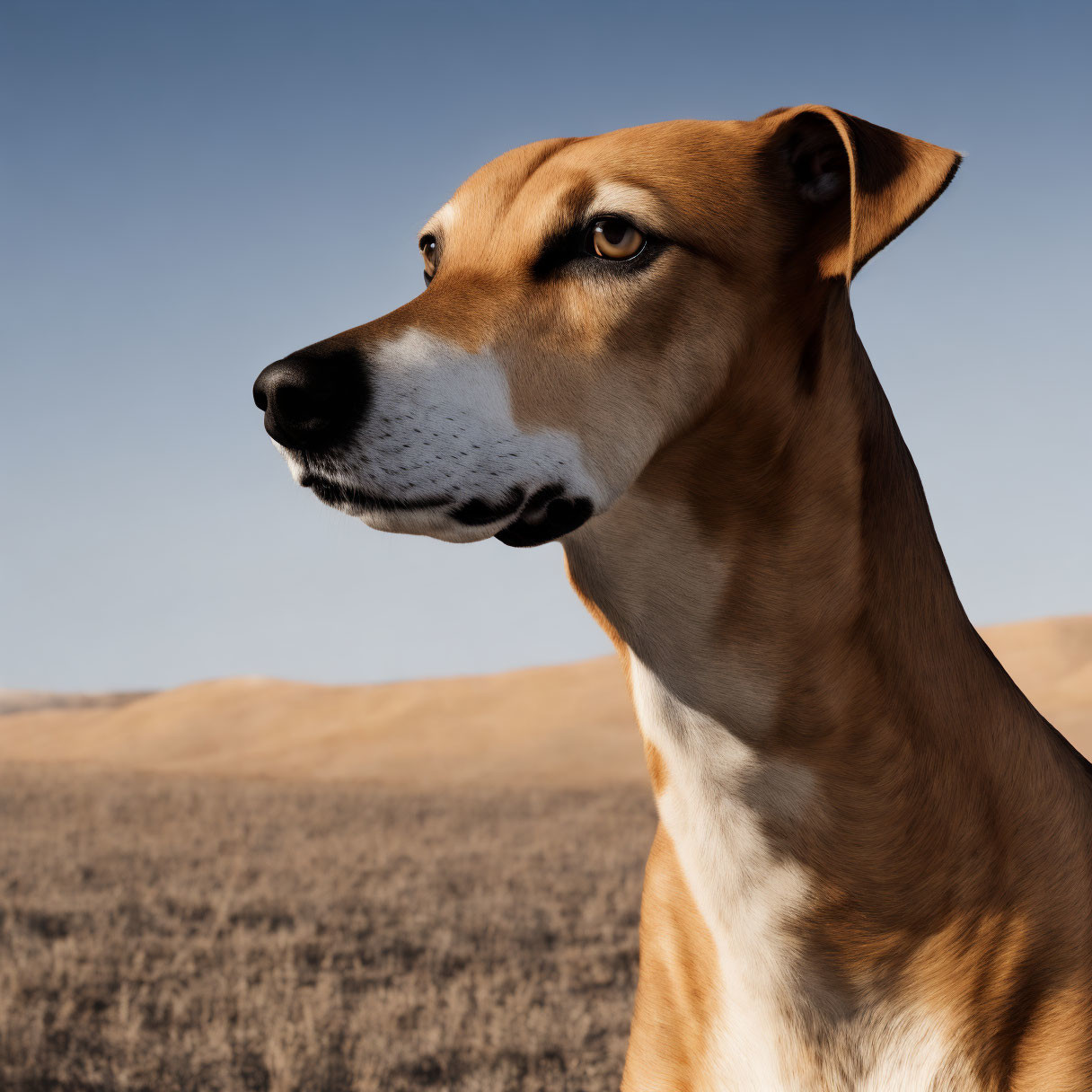 Tan and White Dog with Thoughtful Expression Against Rolling Hills and Clear Sky