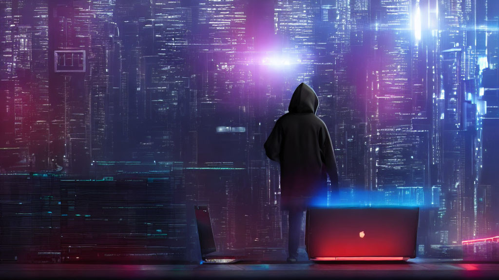 Hooded Figure with Glowing Laptop in Futuristic Digital Room
