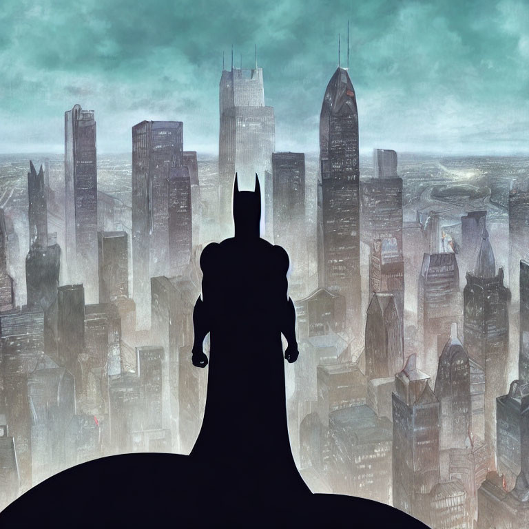 Dark silhouette of superhero in brooding cityscape under stormy sky