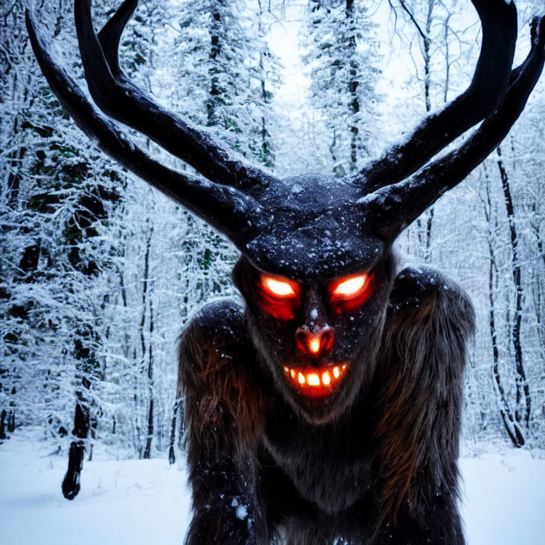 Menacing figure with glowing red eyes in snowy forest