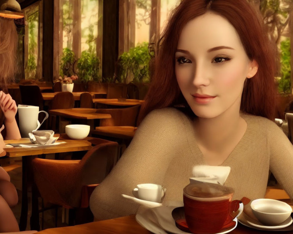 Young woman with long brown hair smiling in cozy café with tea cup