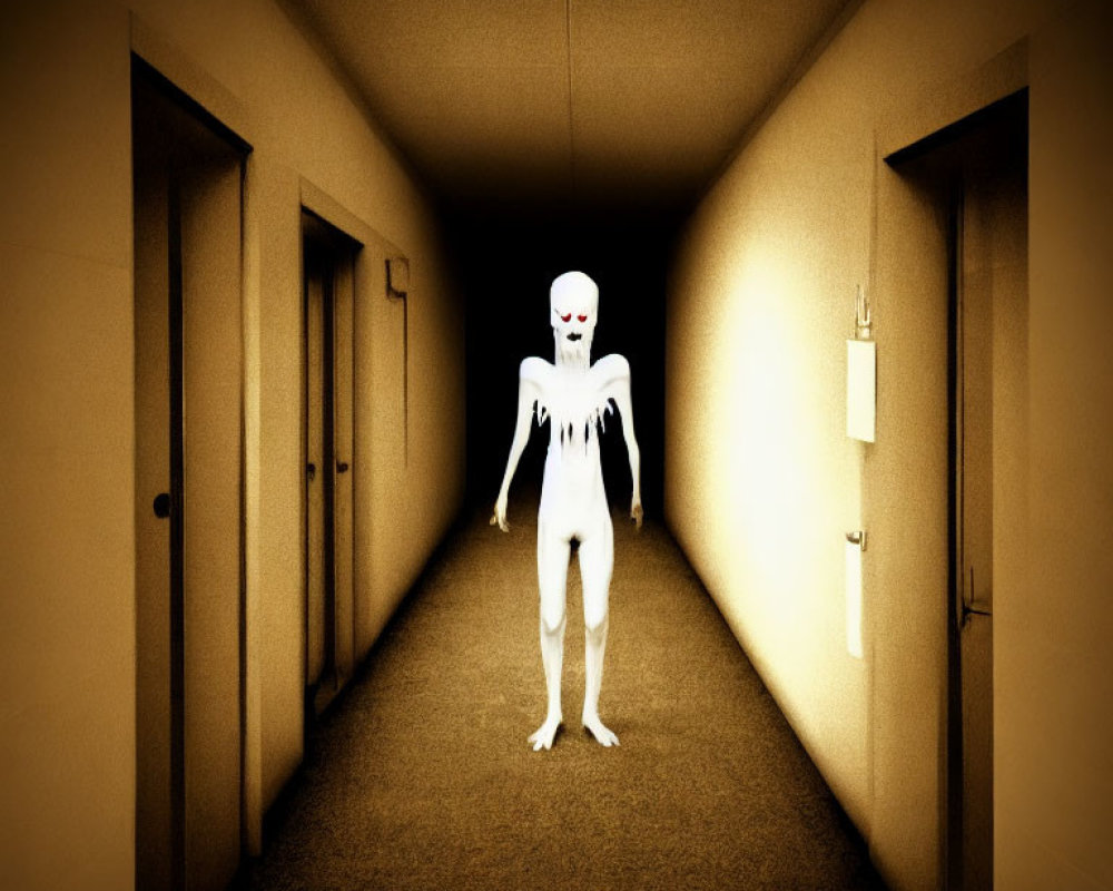 Eerie humanoid figure in dimly-lit corridor with multiple doors