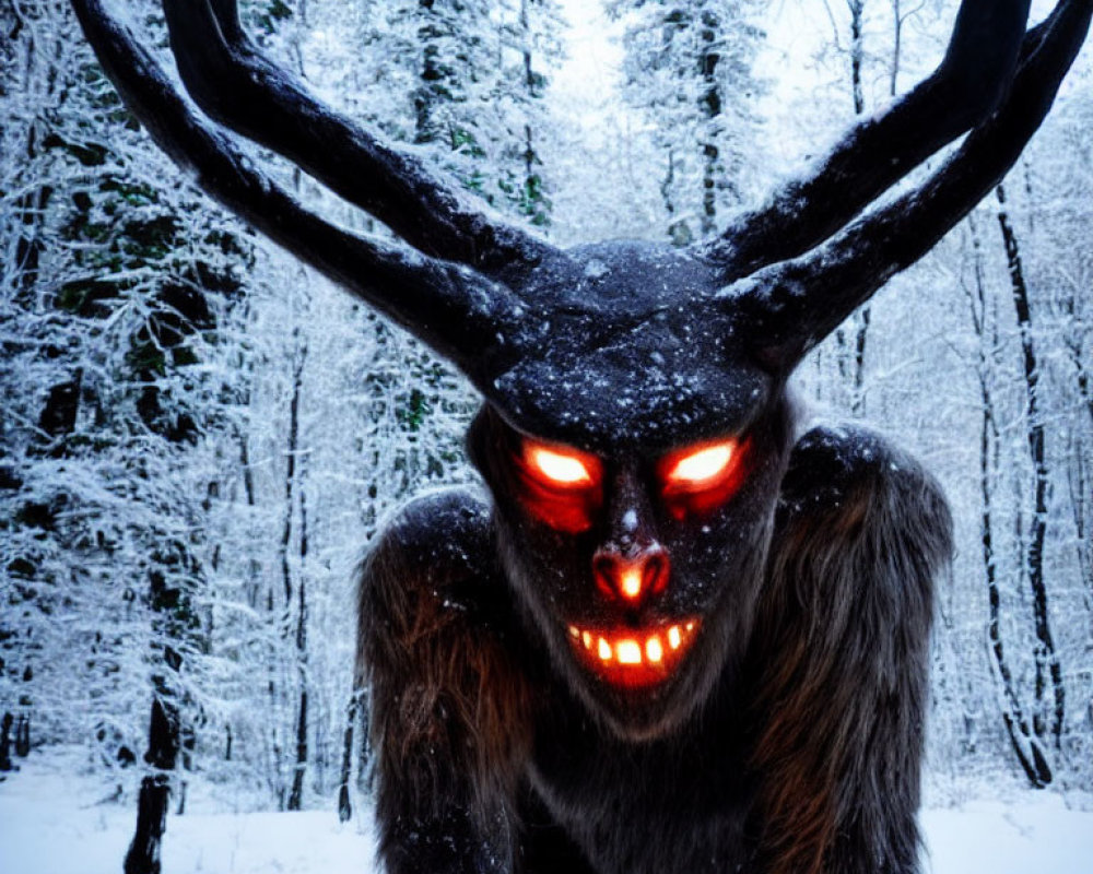 Menacing figure with glowing red eyes in snowy forest