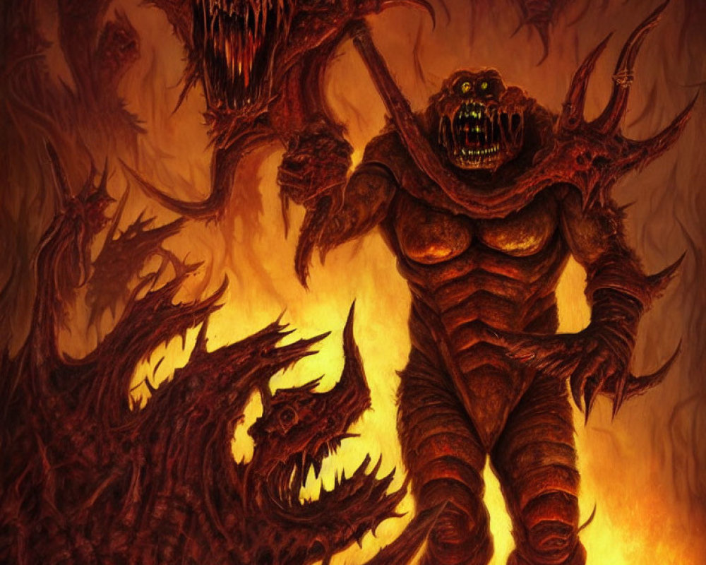 Menacing demon in fiery hellish landscape with warm tones.